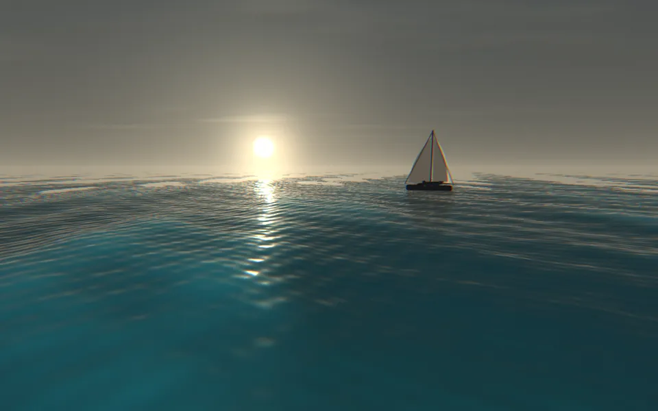 A sailboat on a calm sea at dusk — still frame